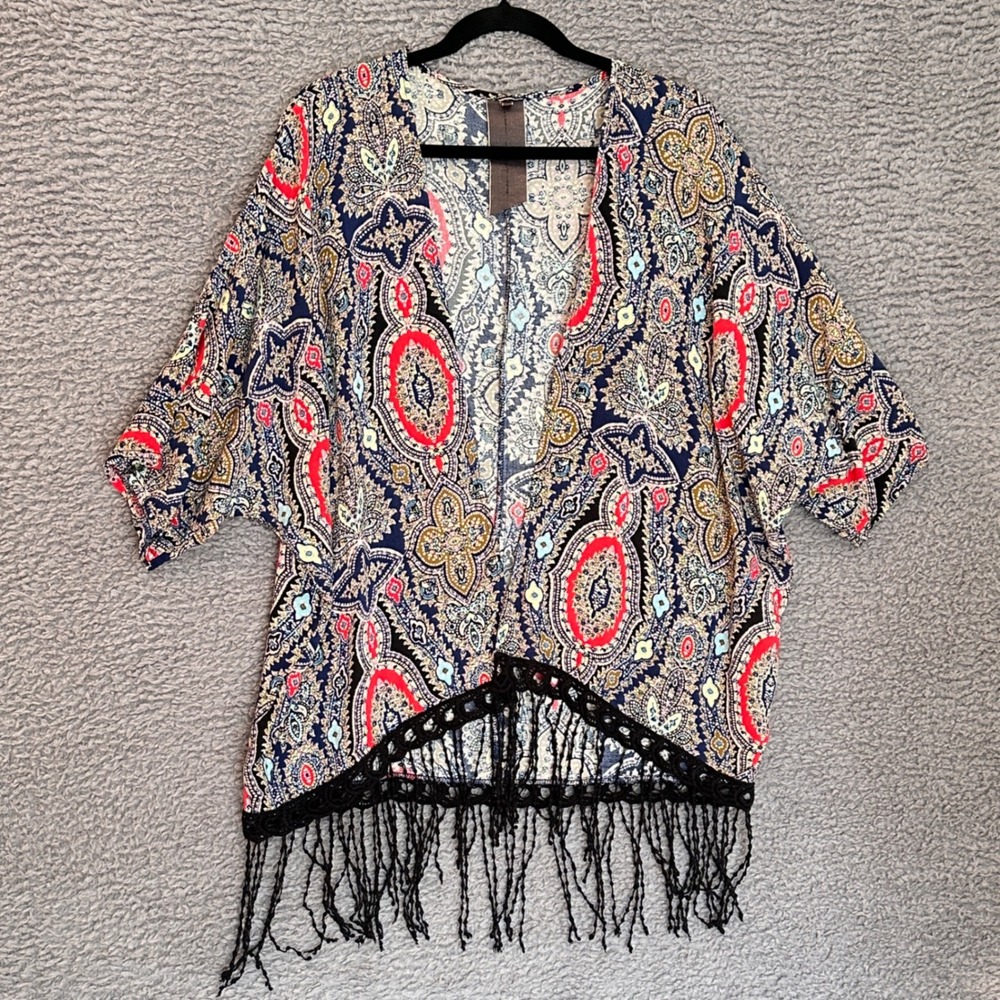 Boho Paisley Kimono Women's Large Crochet Fringe‎ Open Front Cover Up Multicolor